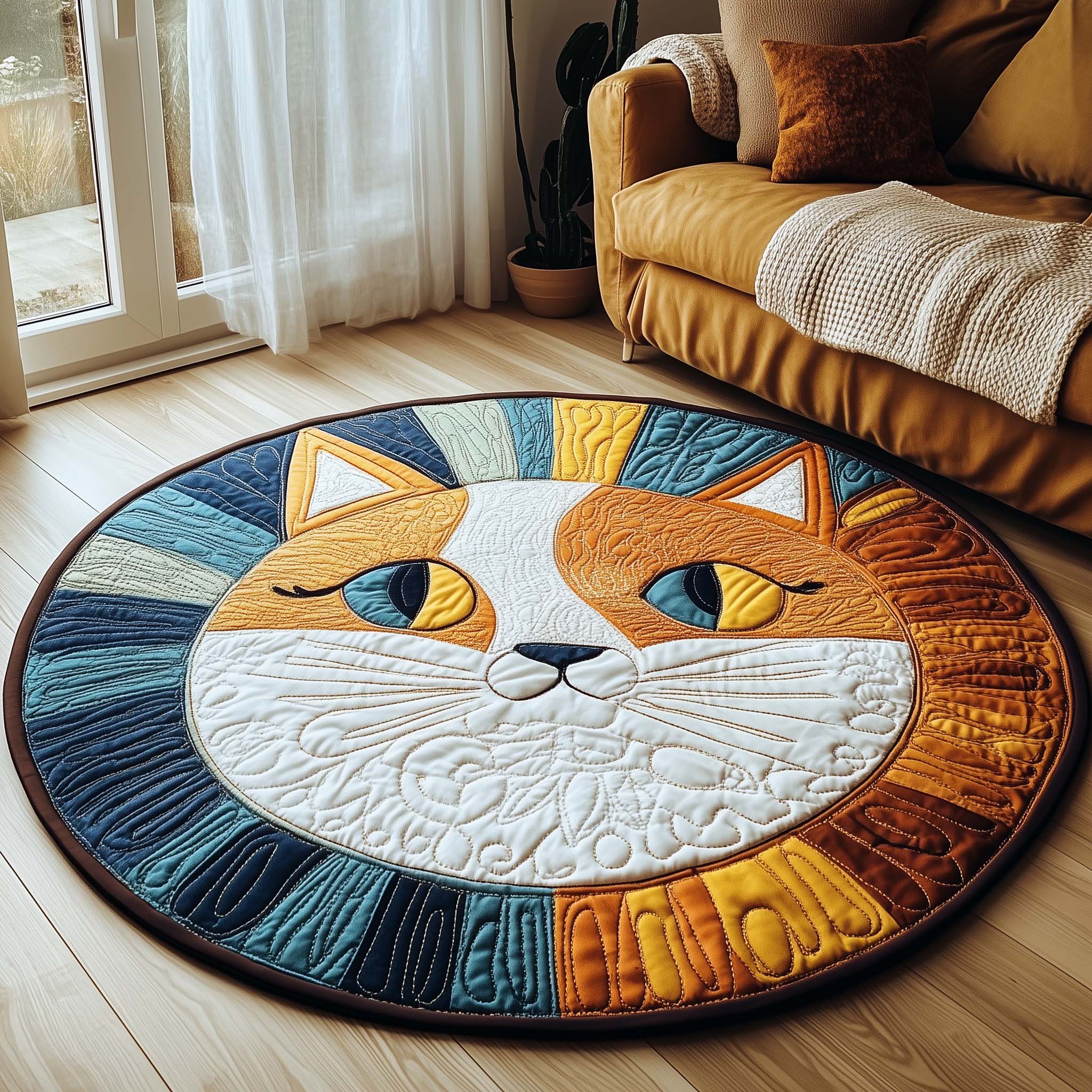 Boho Sun Cat Quilted Round Mat Beautiful Quilted Round Mat Gift for Loved Ones