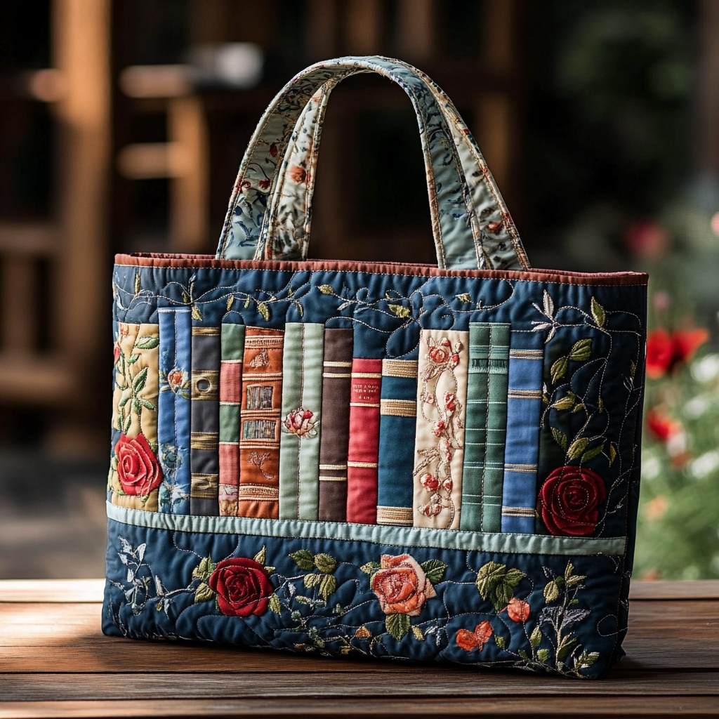 Book Bloom Quilted Tote Bag Womens Tote Bag Patchwork Tote Bag