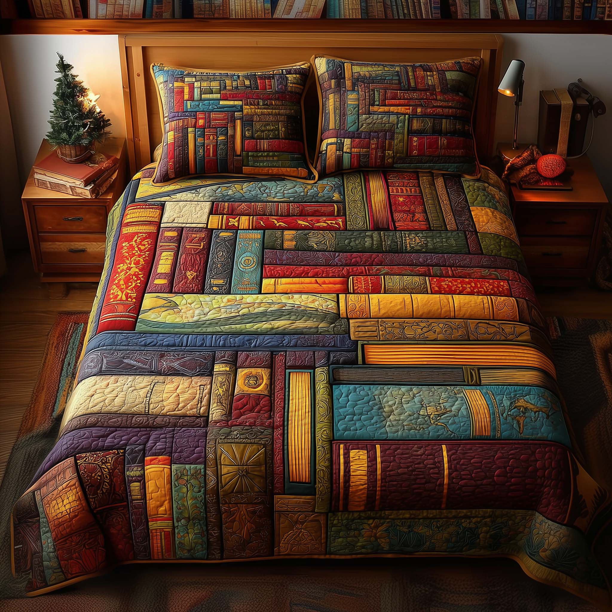 Book Mosaic Quilted Bedding Set Bedroom Decor Book Gifts For Father's Day