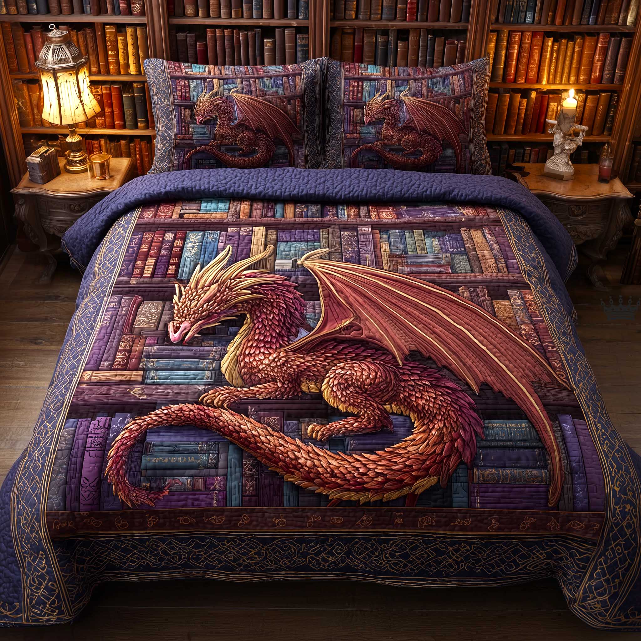 Bookbound Dragon Quilted Bedding Set Bedding Decor Best Gift For Dragon Lovers