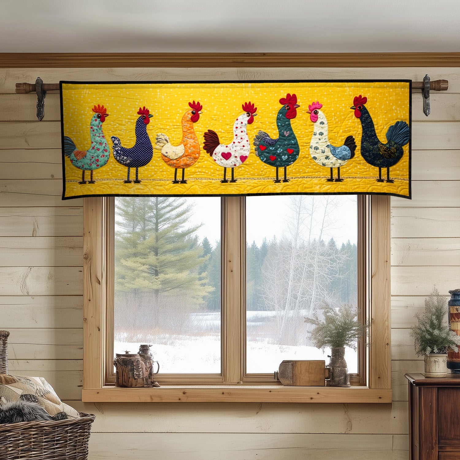 Bright Yellow Chickens Lineup Quilted Valance Home Front Door Design Christmas Gifts For The Farmer