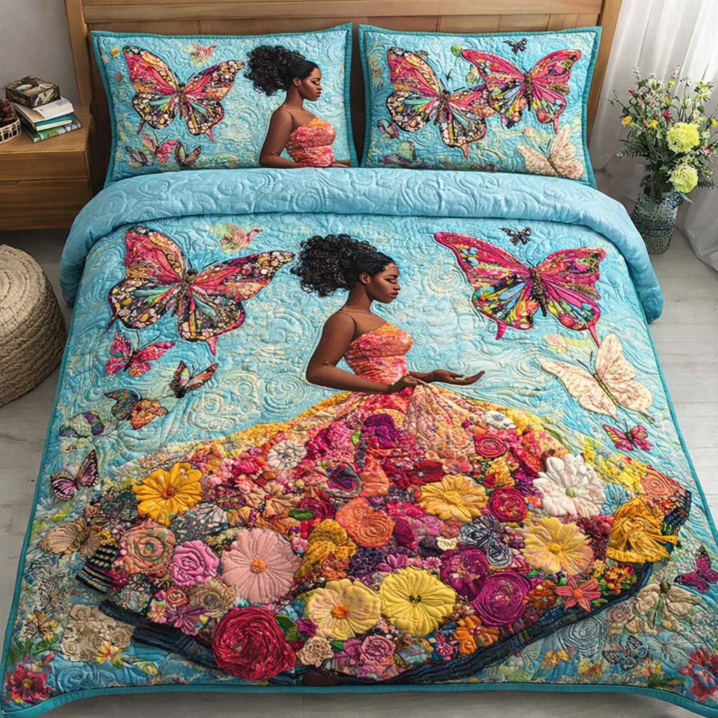 Butterfly Fantasy Quilted Bedding Set Good Bed Sheet Sets Melanin Black Women Gifts For Her