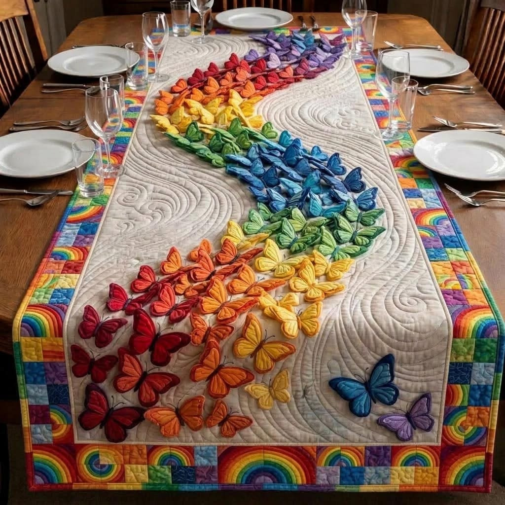 Butterfly Garden Quilted Table Runner Vibrant Rainbow Dining Decor Good Mothers Day Ideas