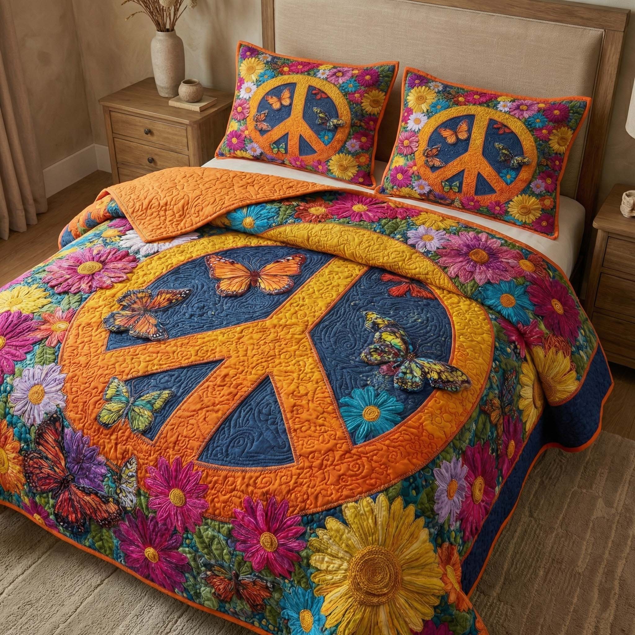 Butterfly Peace Quilted Bedding Set Bed Room Art Gifts For Hippie Mom