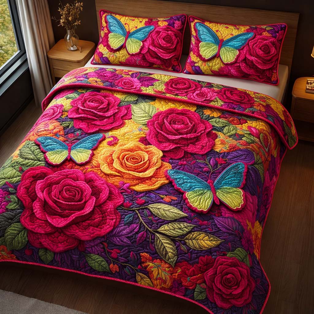 Butterfly Roses Quilted Bedding Set King Comforter Sets Butterfly Gift Ideas For Lovers
