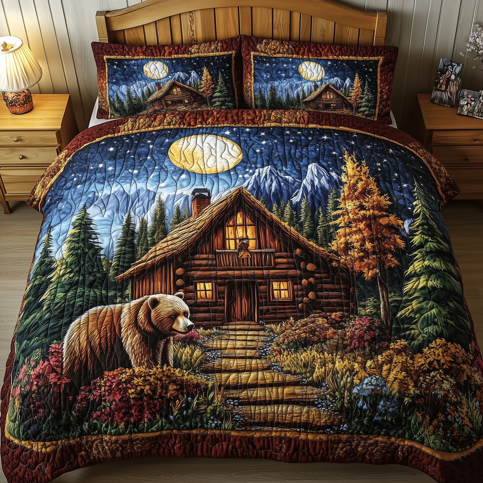 Cabin And Bear Quilted Bedding Set Best King Bedding Sets Gift Ideas For Bear Lovers