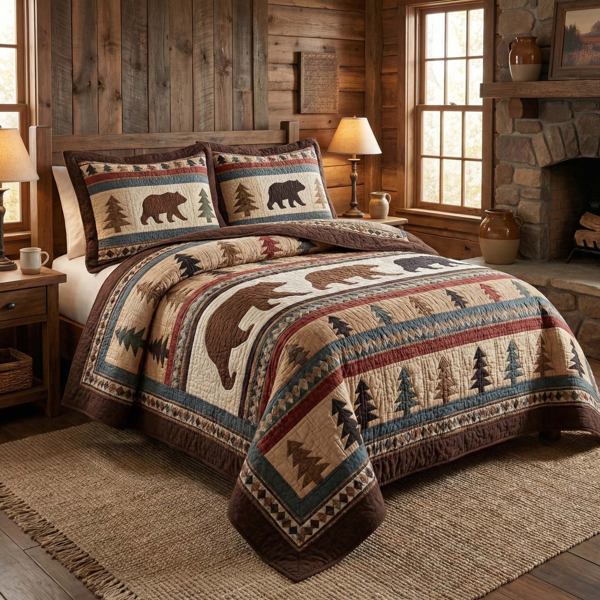 Cabin Bears Quilted Bedding Set Unique Sheet Sets Bear Gifts For Mom