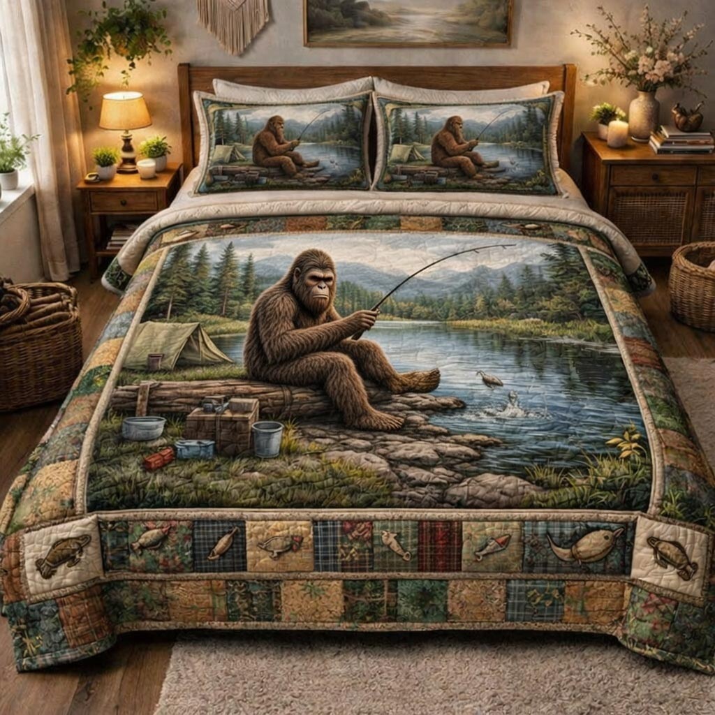 Camp Bigfoot Quilted Bedding Set Best King Bedding Sets Gifts For Sasquatch Lovers