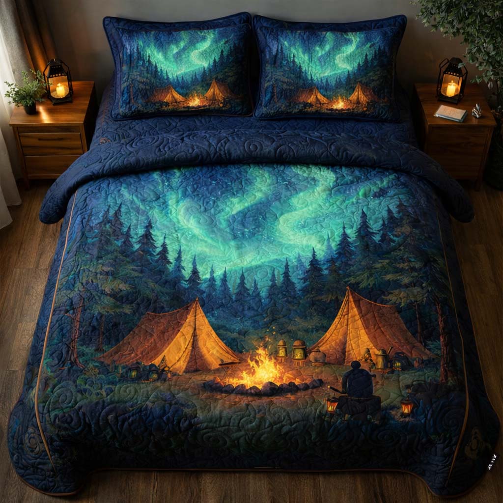 Campfire Aurora Night Quilted Bedding Set Comforter Sets Queen Lighthouse Gift Ideas For Him