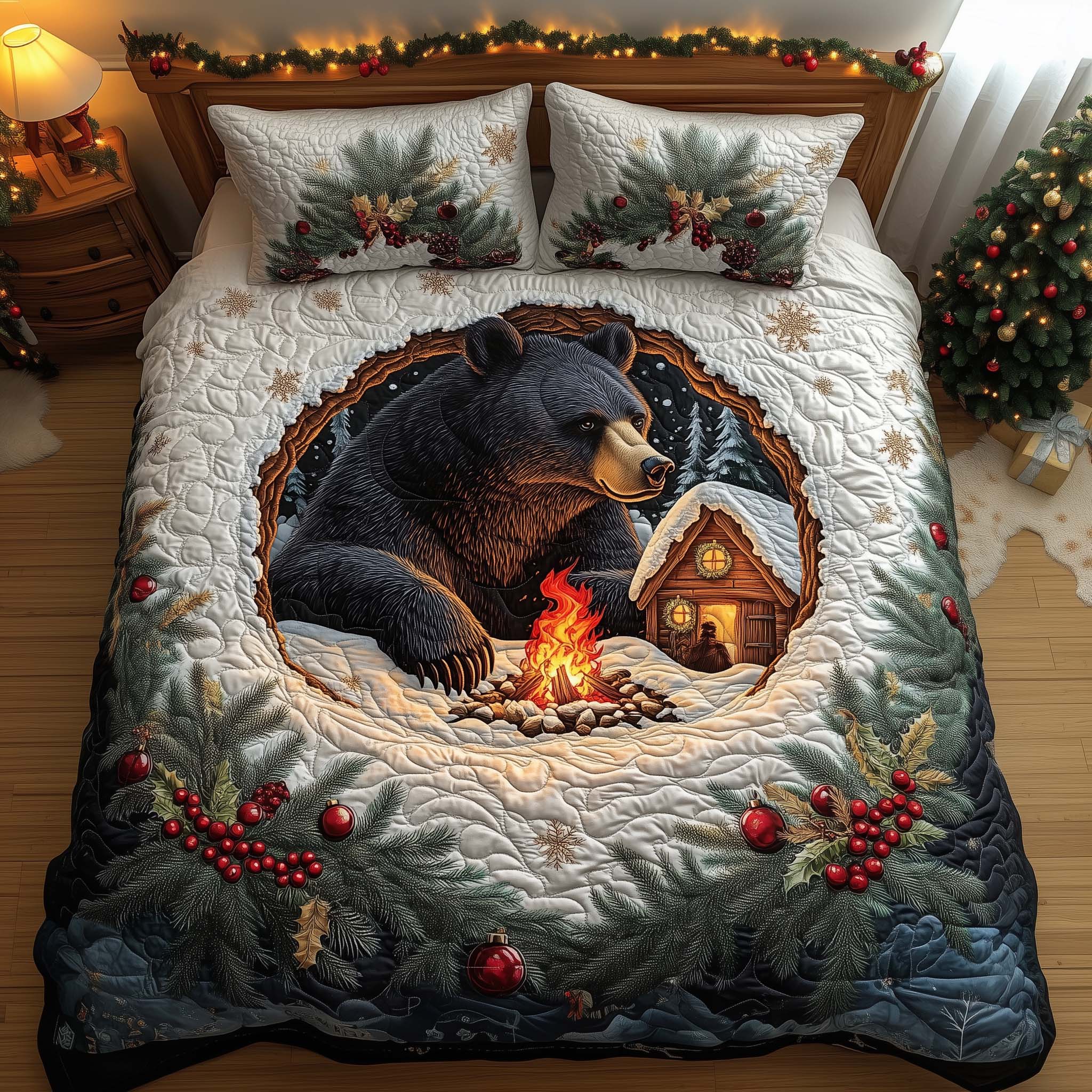 Campfire Bear Quilted Bedding Set Christmas Bedroom Bear Lovers Gifts For Him