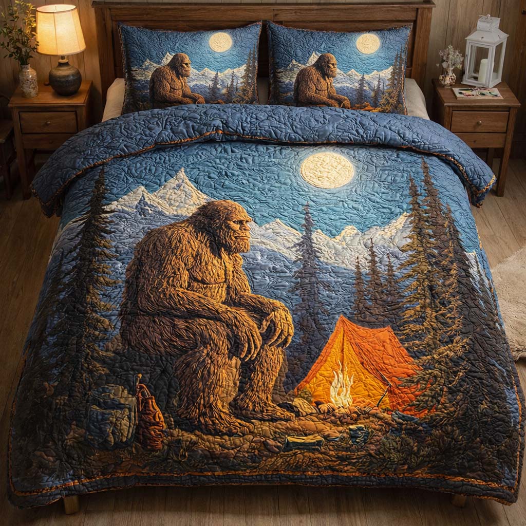 Campfire Mountain Bigfoot Quilted Bedding Set Bed Bedding Set Sasquatch Gift Shop