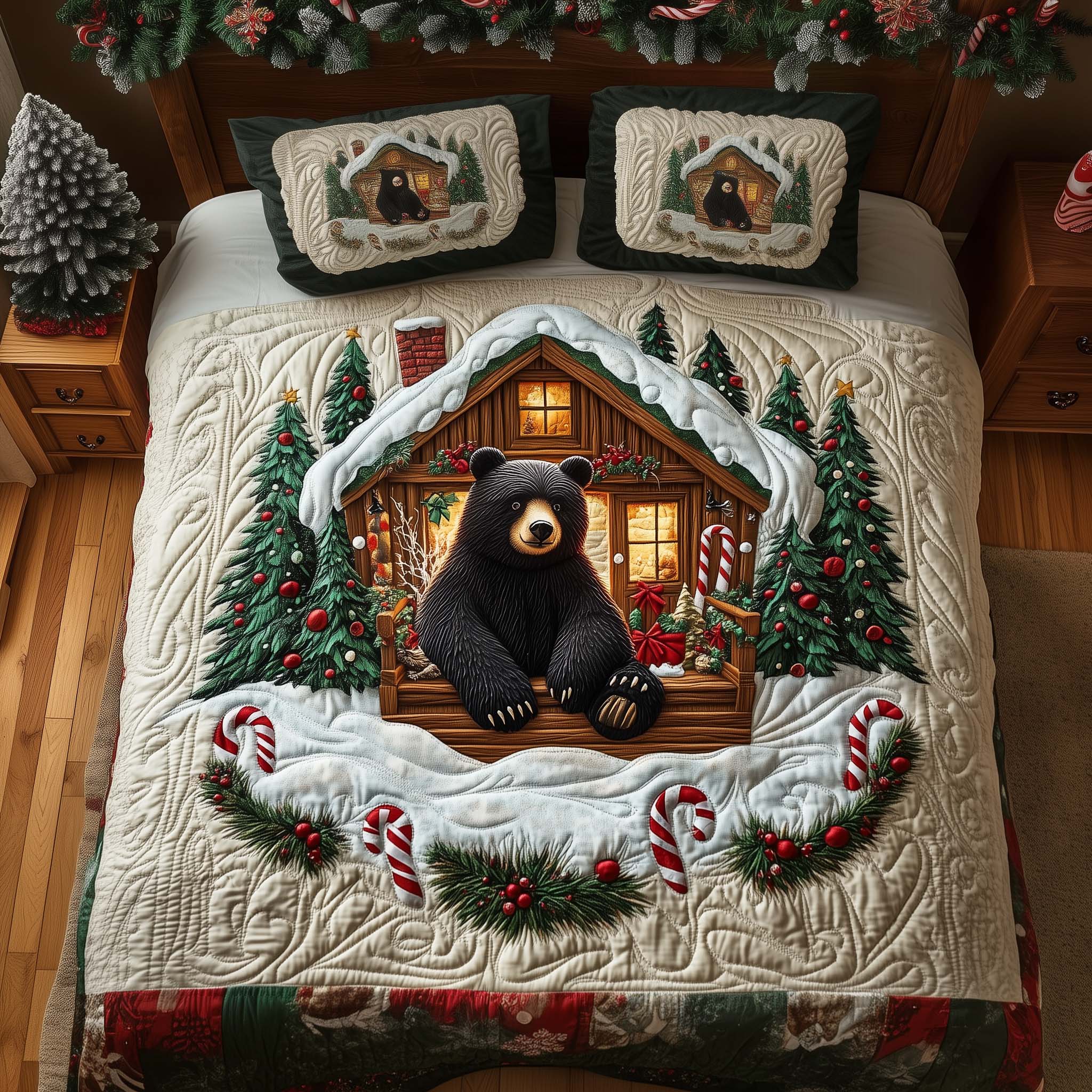 Candy Cabin Quilted Bedding Set Christmas Beddings Unique Gifts For Bear Lovers
