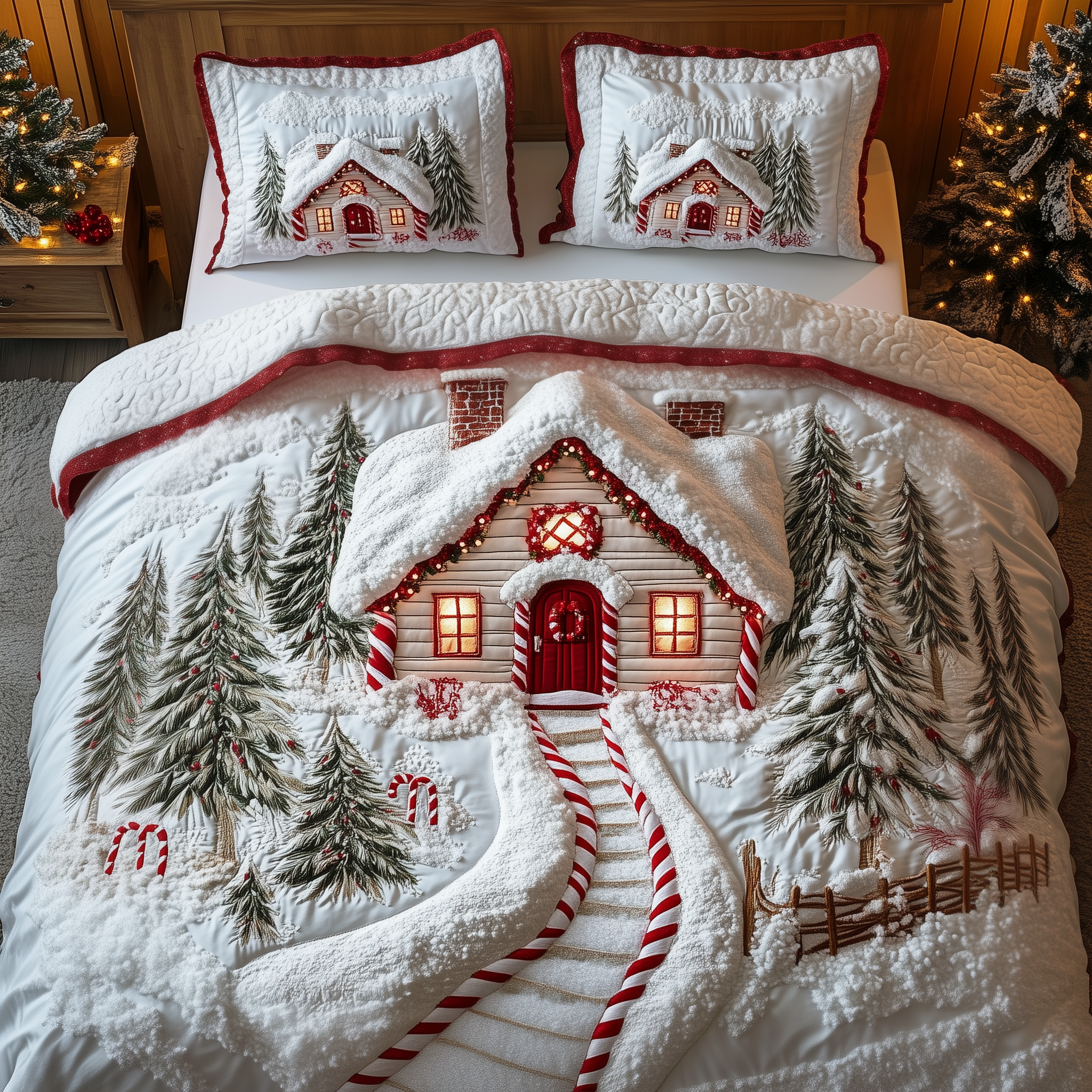 Candy Canes Whimsical House Quilted Bedding Set Christmas Duvet Cover King Best Christmas Gifts For Boyfriend