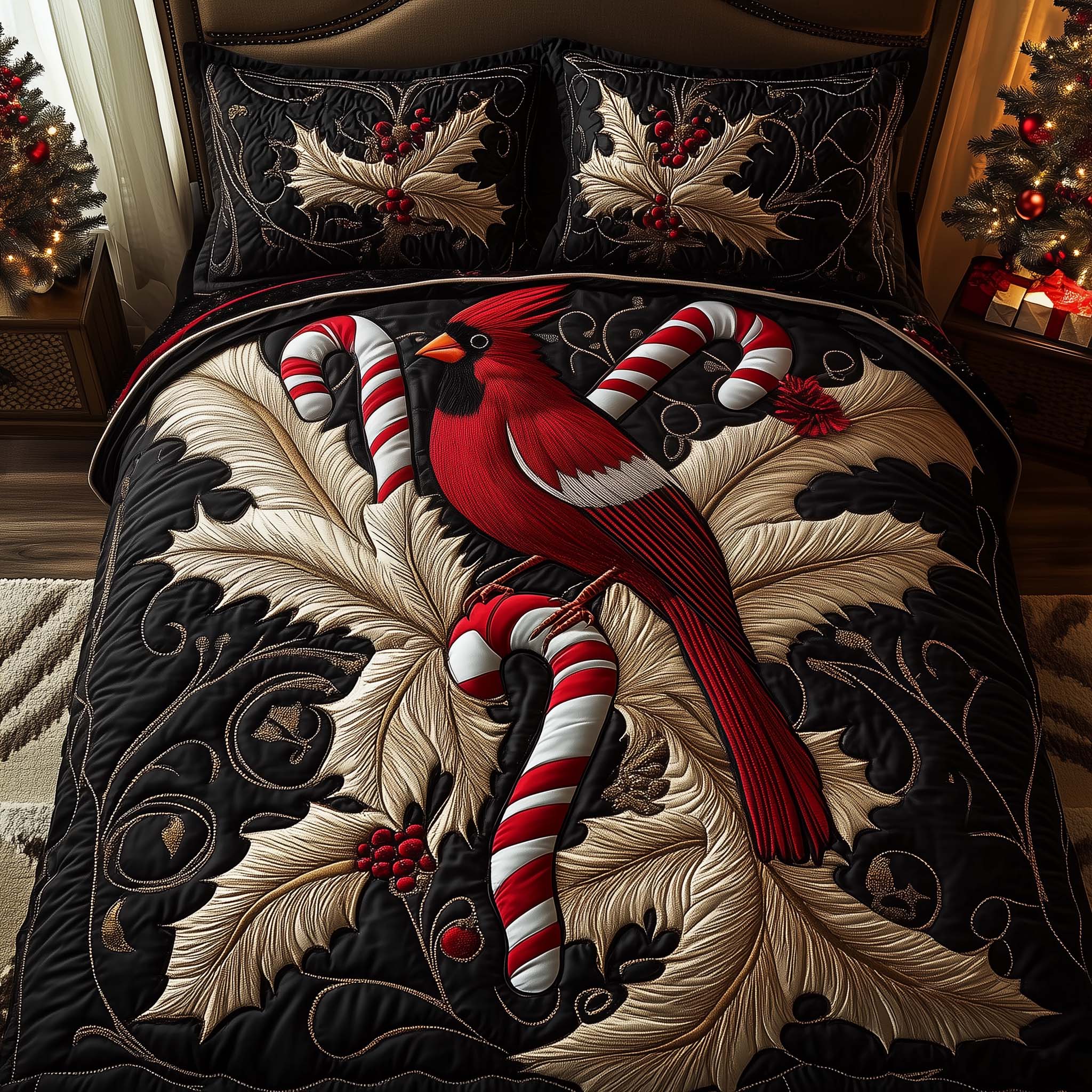 Candy Cardinal Quilted Bedding Set Christmas Duvet Set Best Cardinal Gift Items