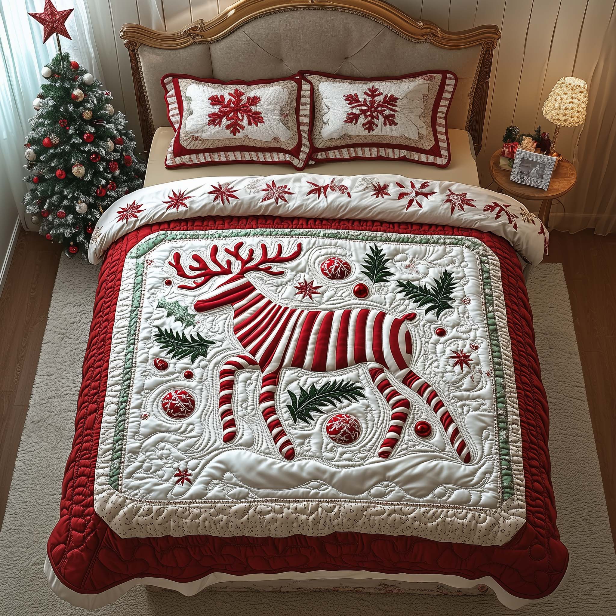 Candy Striped Reindeer Quilted Bedding Set Xmas Bedspread Sets Gifts For Christmas For Mother In Law
