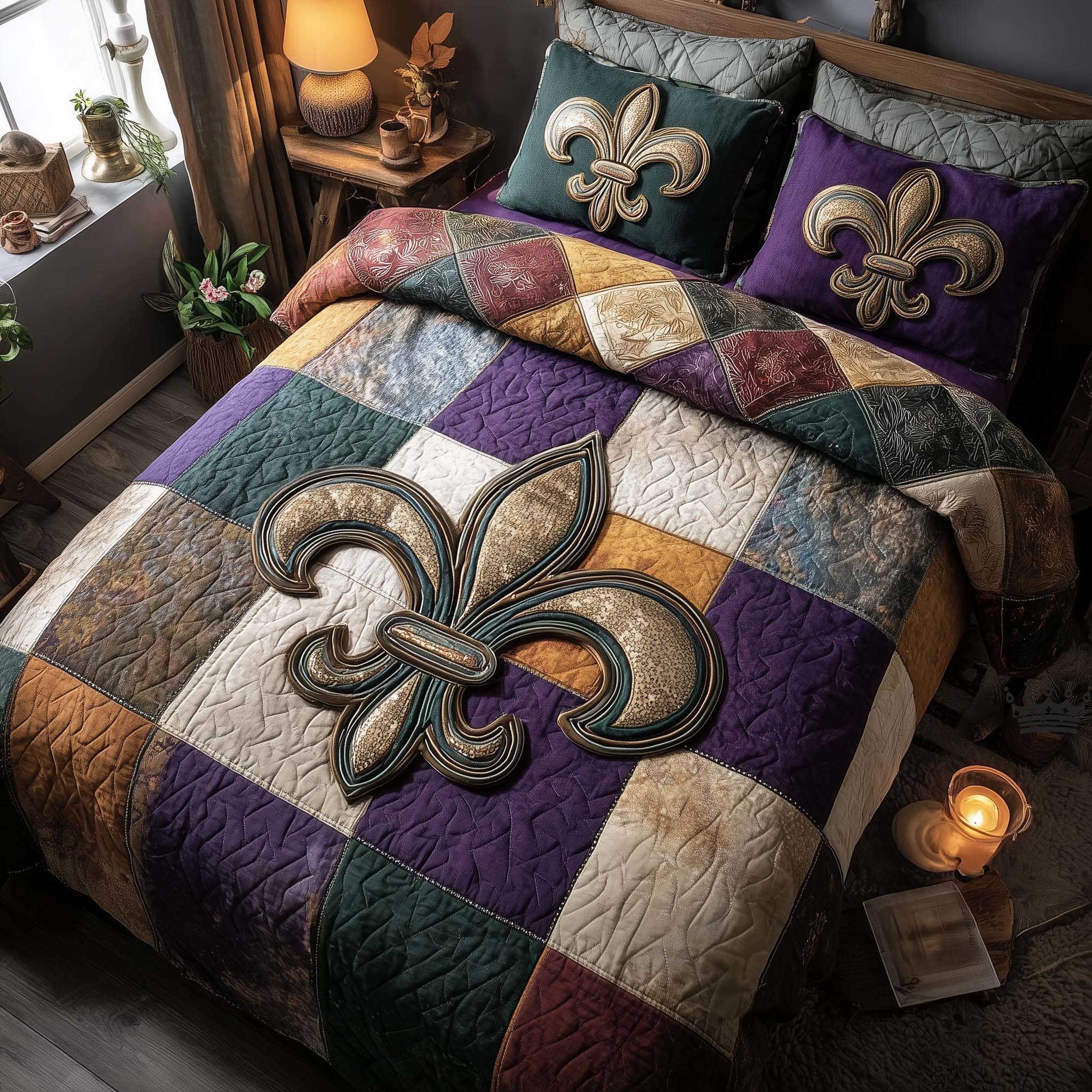 Carnival Crest Quilted Bedding Set Best King Bedding Sets Mardi Gras Gift Ideas