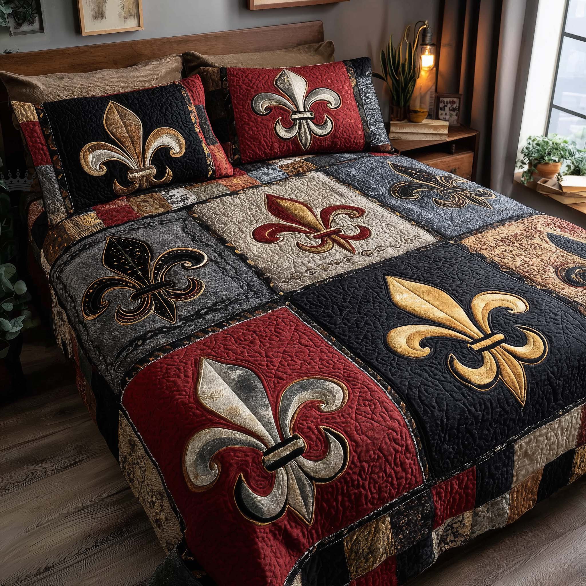 Carnival Crest Quilted Bedding Set Boho Bedroom Decor Mardi Gras Gifts For Her