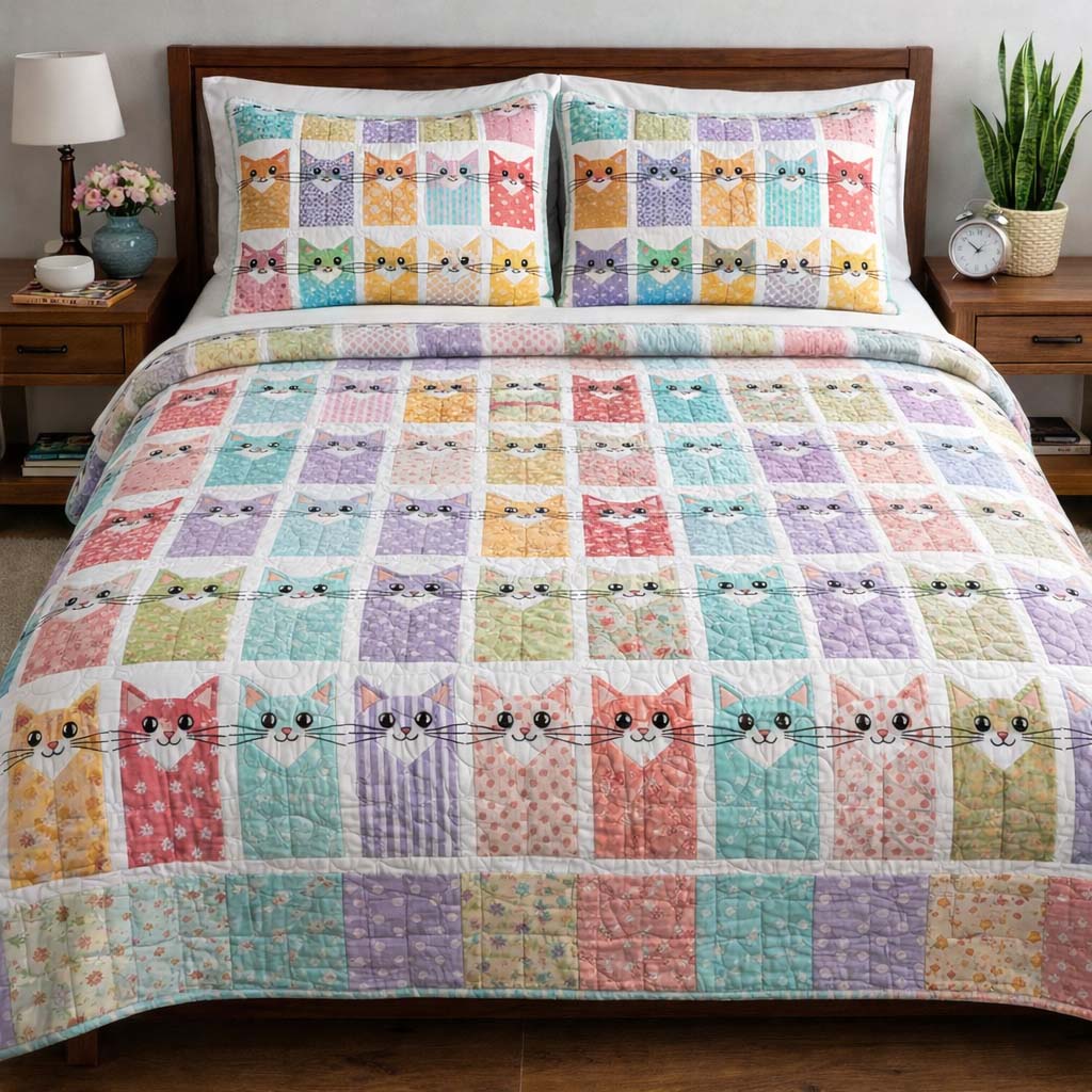 Cat Serenity Quilted Bedding Set Bed Comforter Set Gifts For Cat Owners
