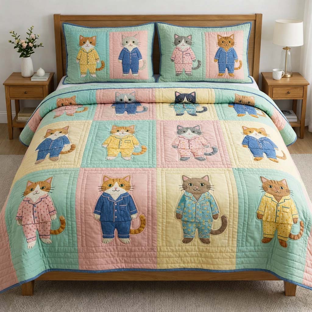 Cat Serenity Quilted Bedding Set Bedspread Quilts Unique Gifts For Cat Lovers