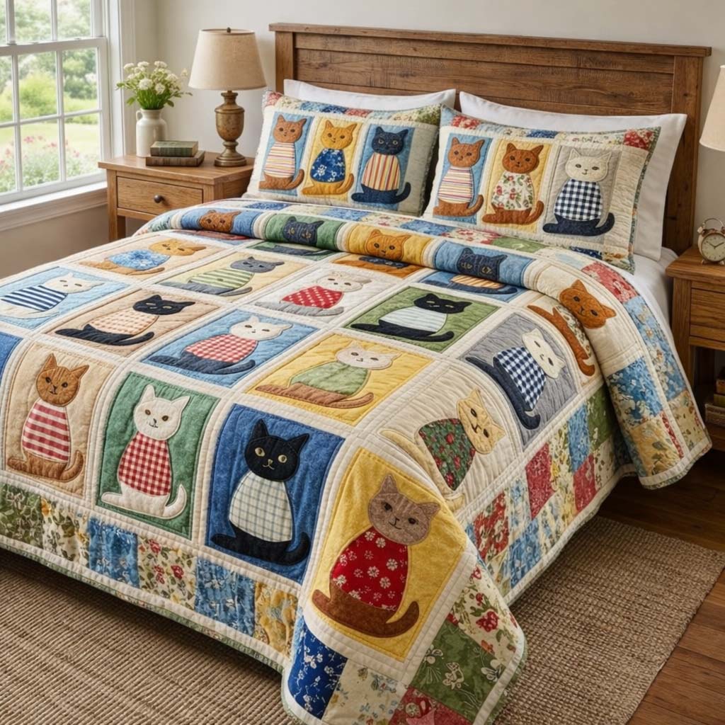 Cat Serenity Quilted Bedding Set Boho Bedroom Furniture Cat Gifts For Him Her