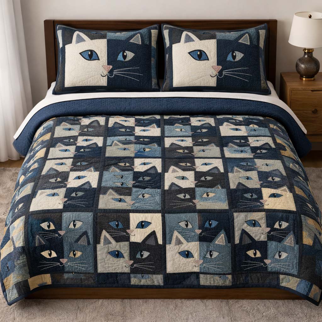 Cat Serenity Quilted Bedding Set Boho Bedroom Furniture Christmas Gift Ideas For Cats