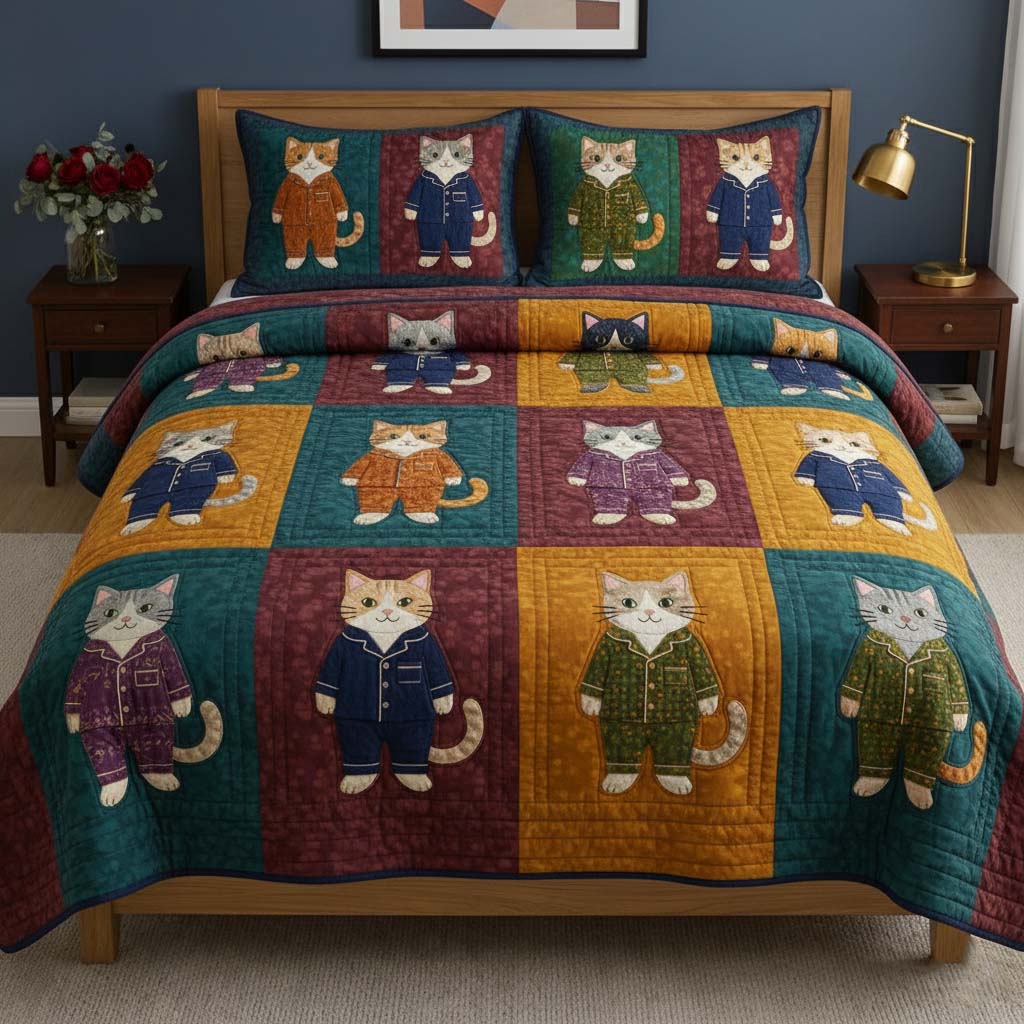 Cat Serenity Quilted Bedding Set Queen Bed Set Cat Mom Gifts
