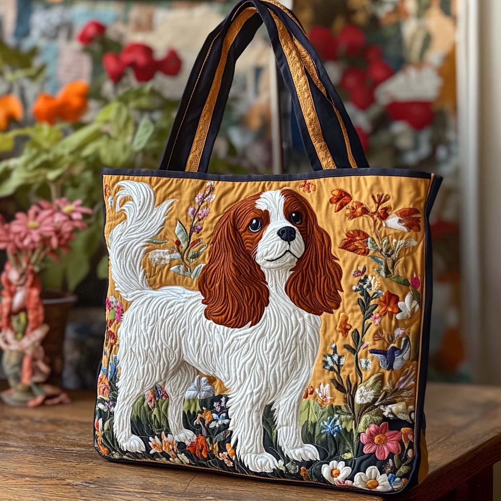 Cavalier Golden Bloom Quilted Tote Bag Shoulder Bags For Women Dog Themed Gifts For Humans