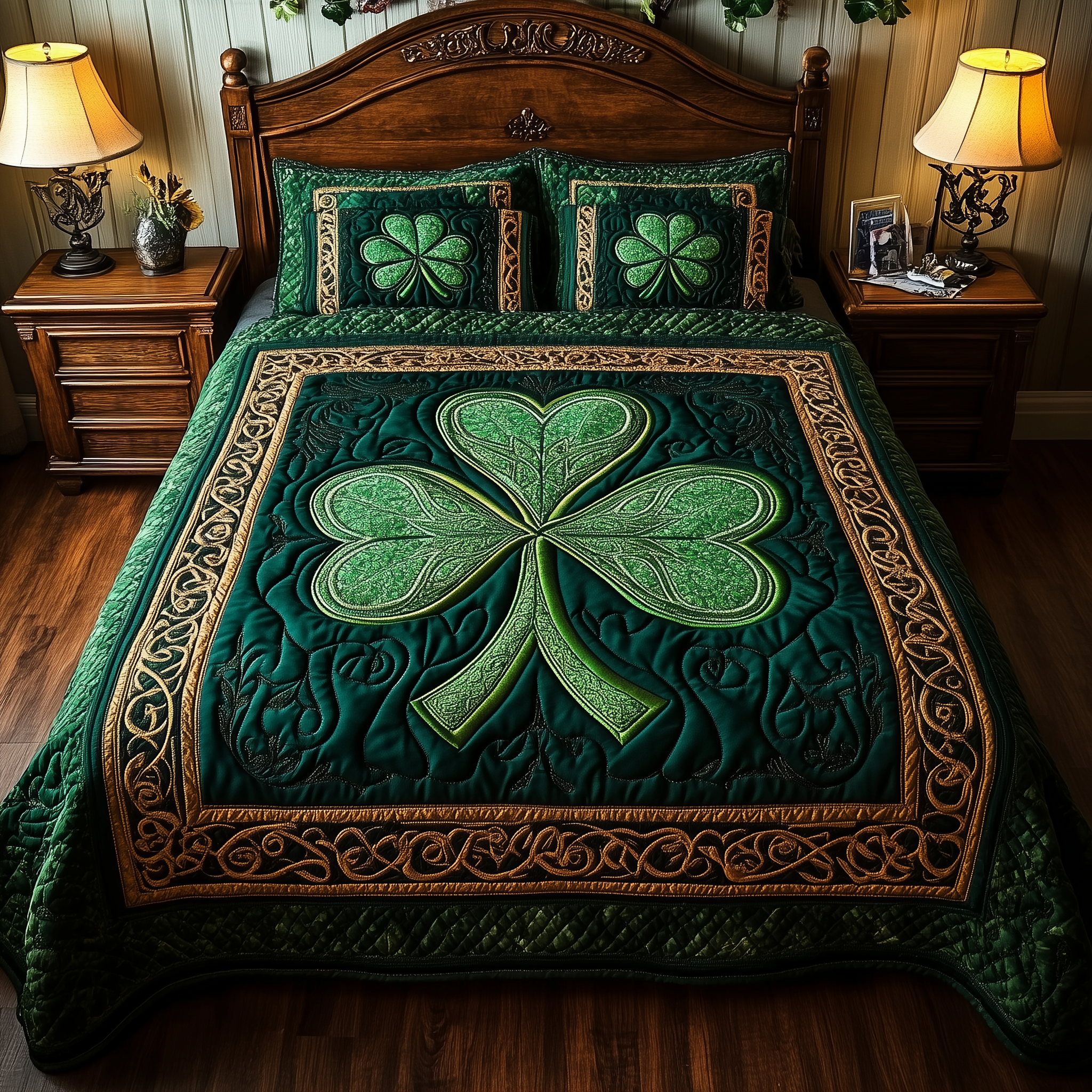 Celtic Shamrock Quilted Bedding Set Best King Bed Sheets Best St Patricks Day Gifts