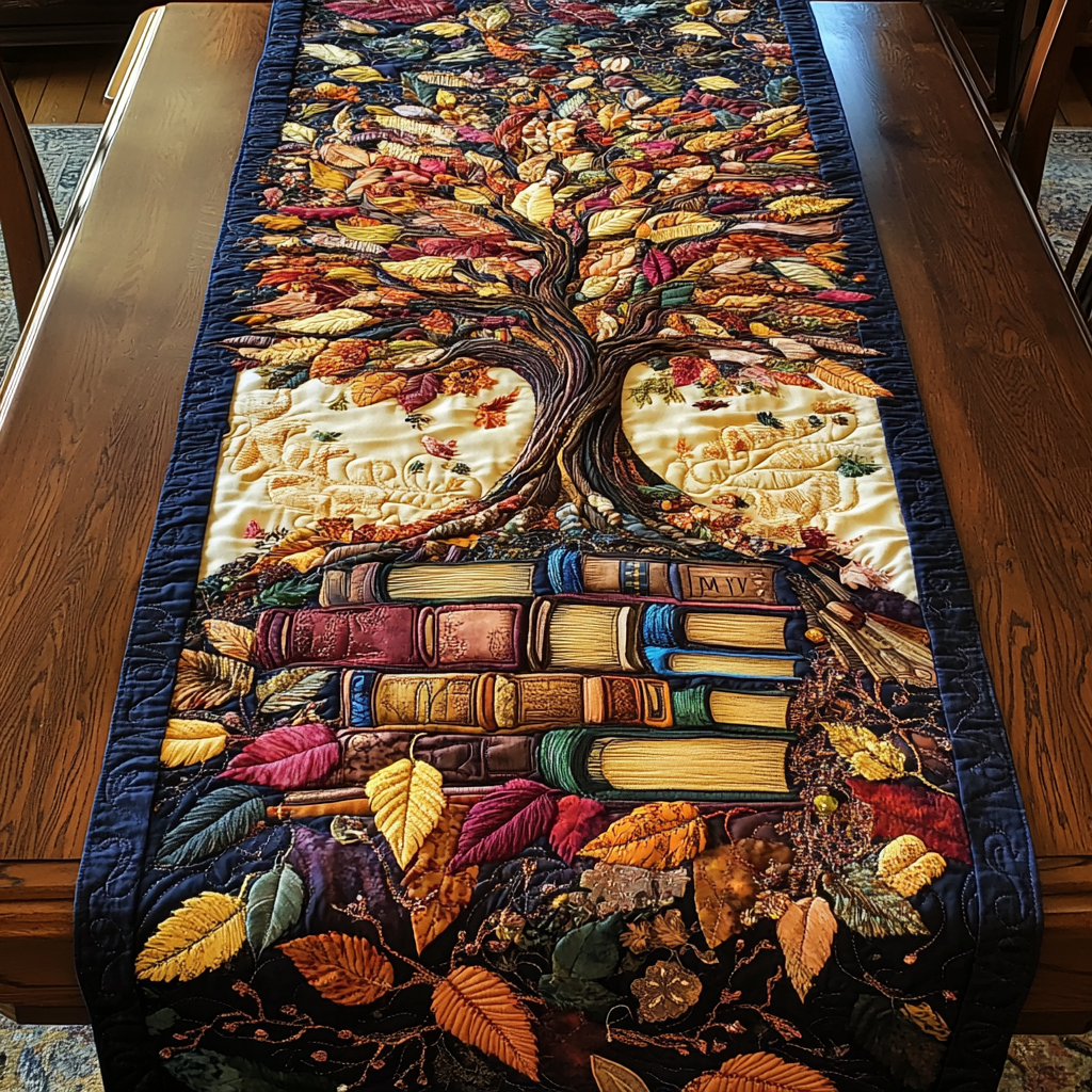 Chapter Tree Quilted Table Runner Dining Room Table Decor Gift For Book Lover