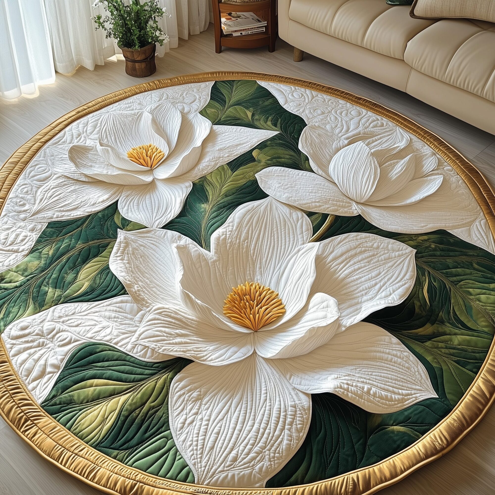 Charming Magnolia Quilted Round Mat Handcrafted Quilted Round Mat for Special Touch