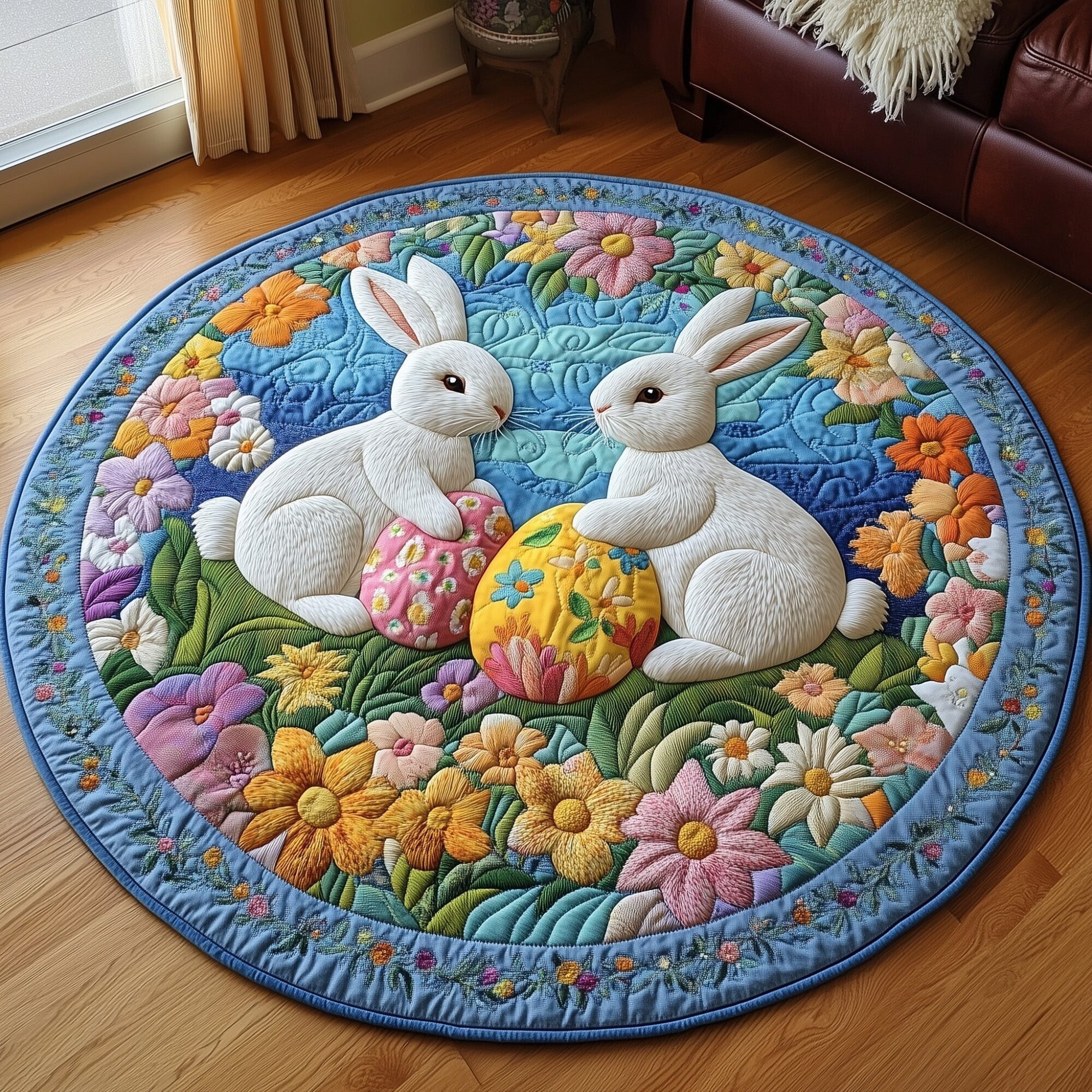 Cherished Bunny Couple Quilted Round Mat Classic Quilted Round Mat for Timeless Decor