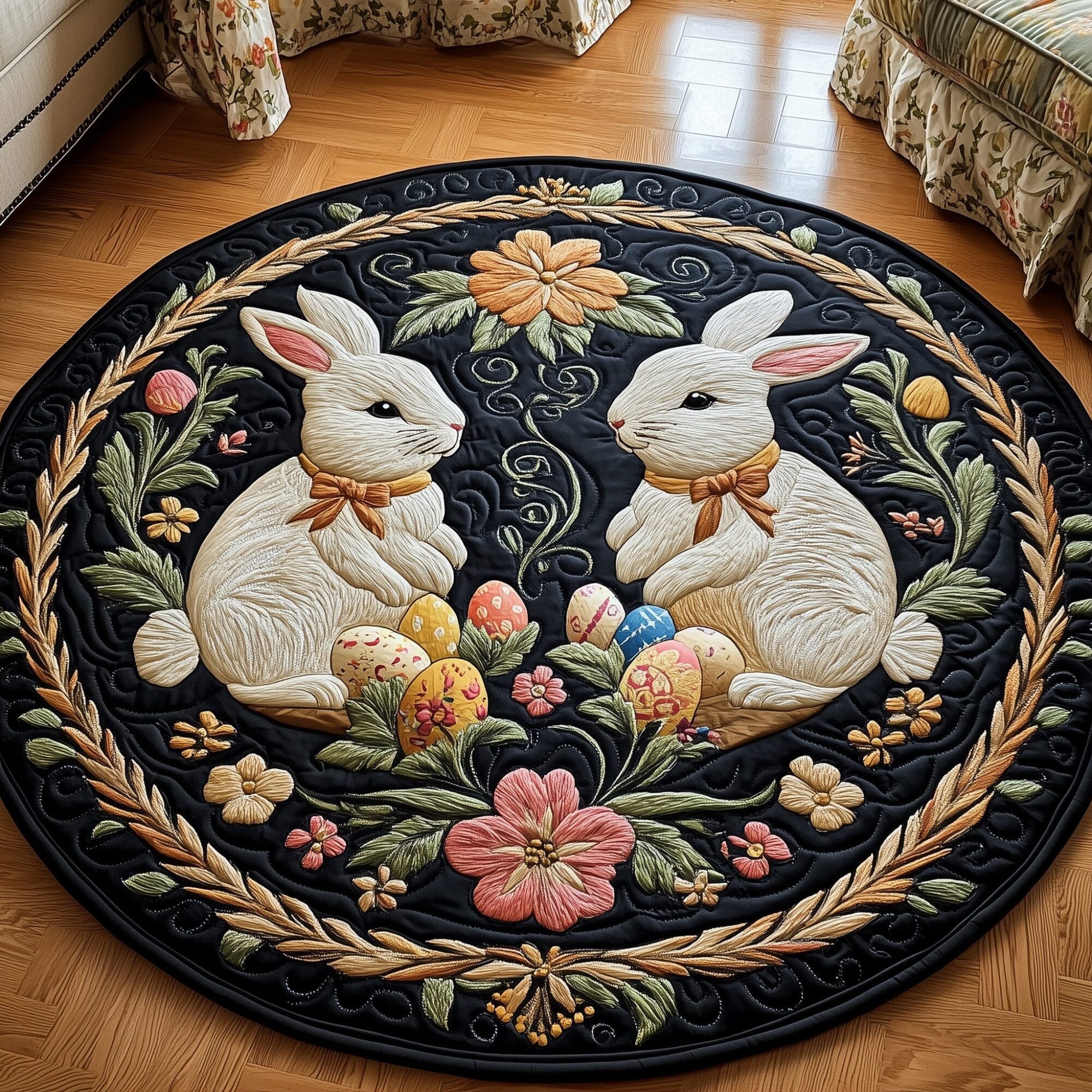 Cherished Bunny Couple Quilted Round Mat Comfortable Quilted Round Mat for Relaxing Moments
