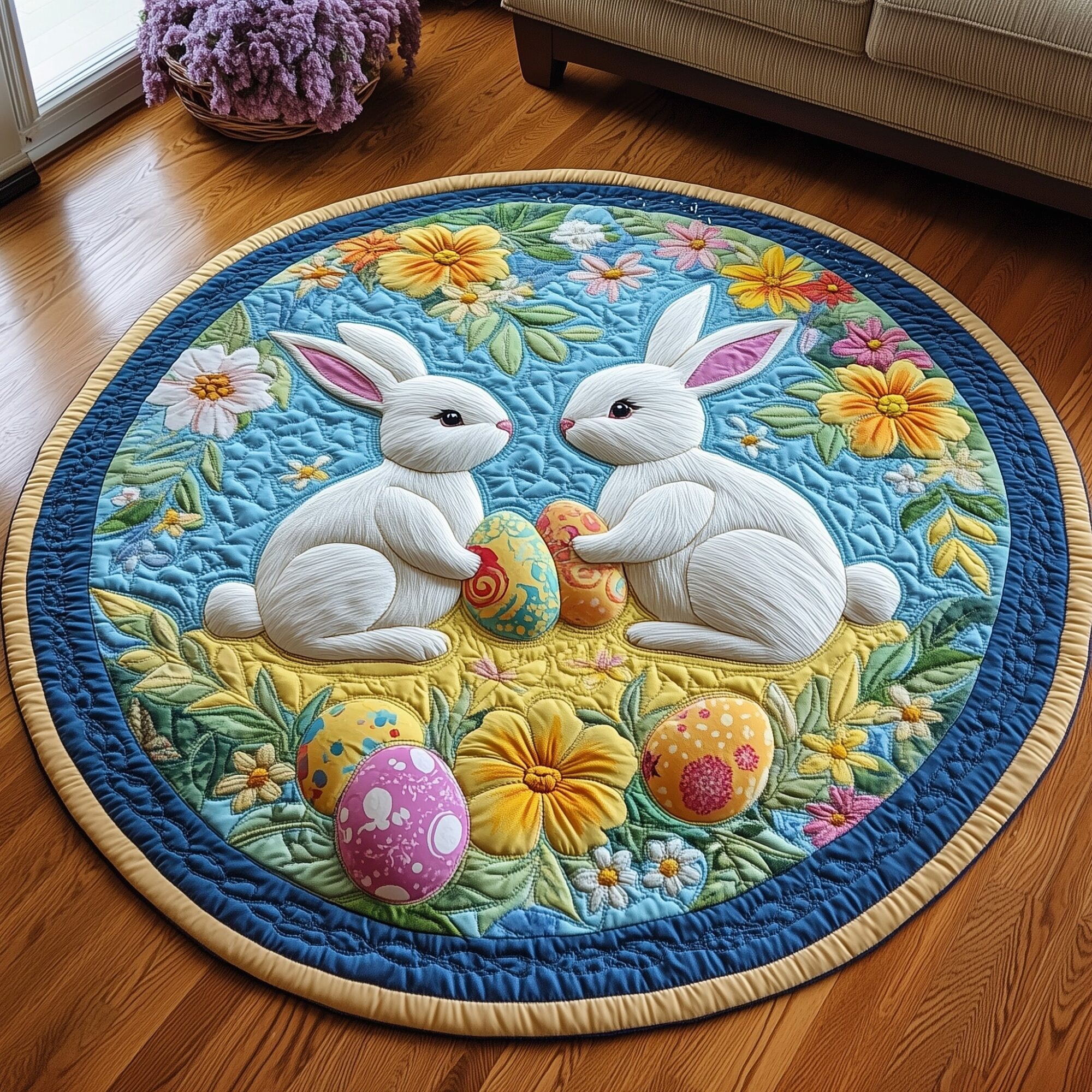 Cherished Bunny Couple Quilted Round Mat Decorative Quilted Round Mat for Elegant Spaces