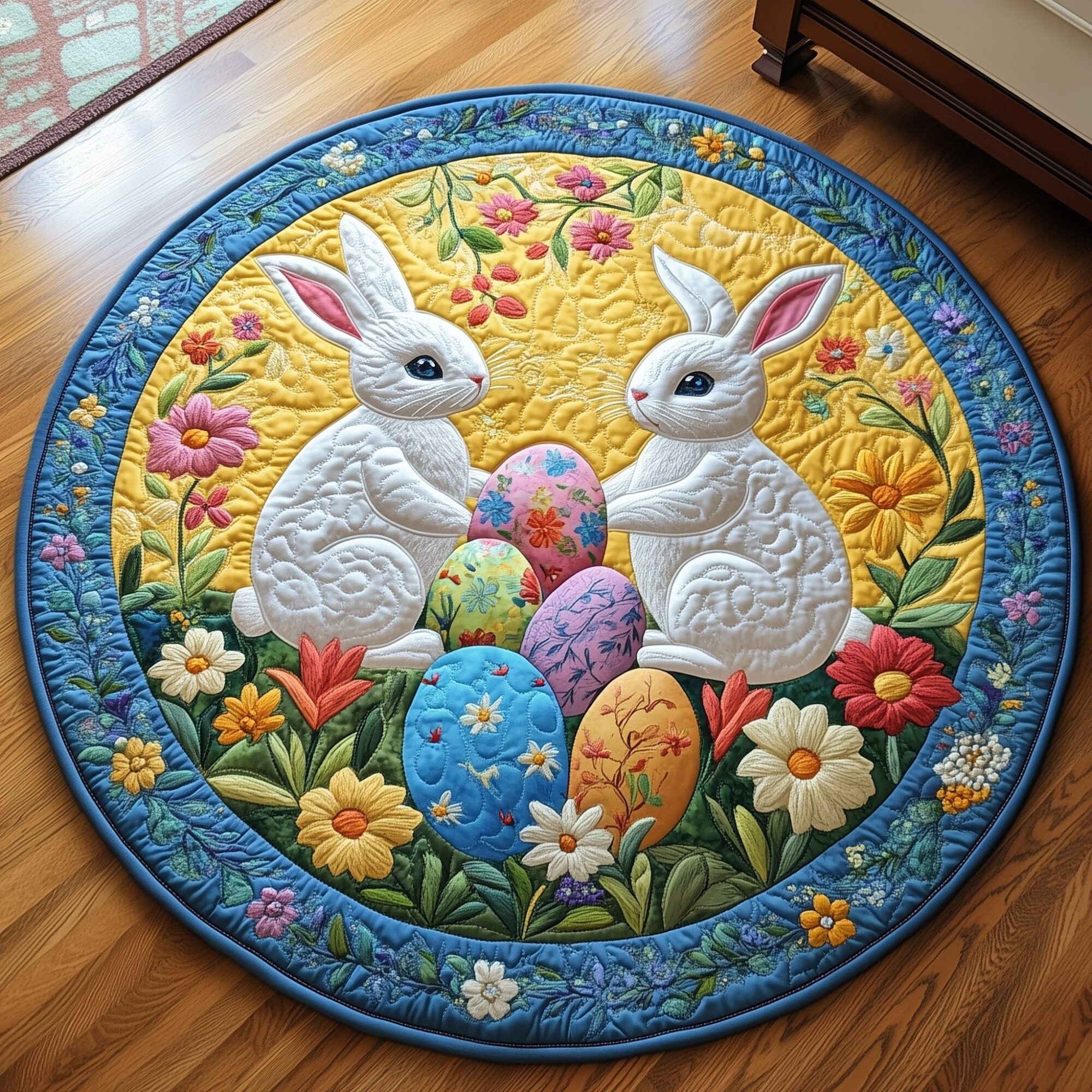 Cherished Bunny Couple Quilted Round Mat Perfect Home Accessory Quilted Round Mat