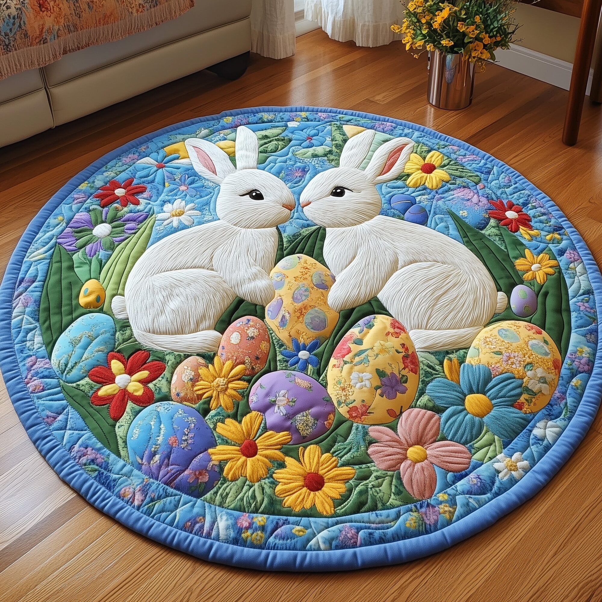 Cherished Bunny Couple Quilted Round Mat Trendy Quilted Round Mat That Adds Charm