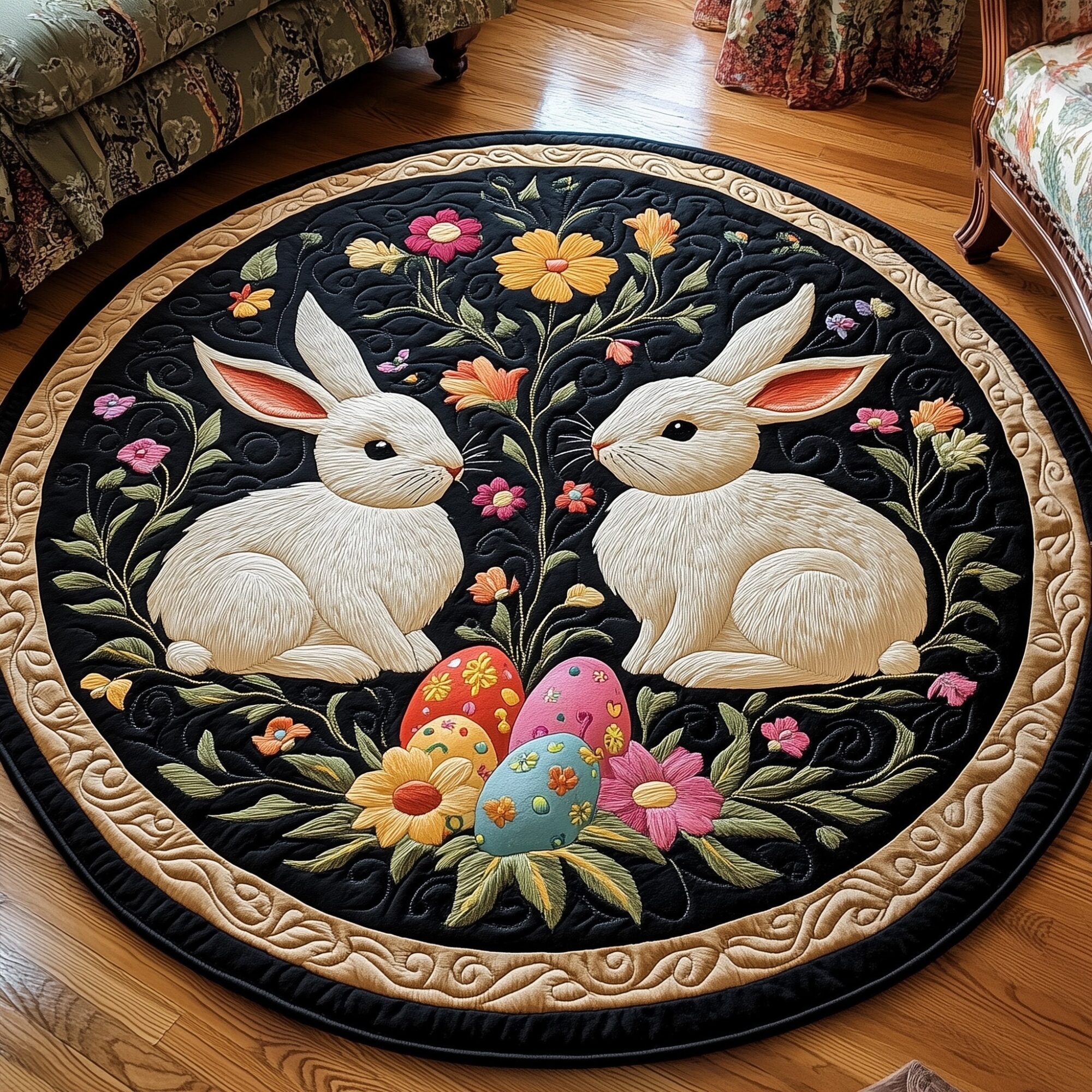 Cherished Bunny Couple Quilted Round Mat Trendy Quilted Round Mat That Adds Charm