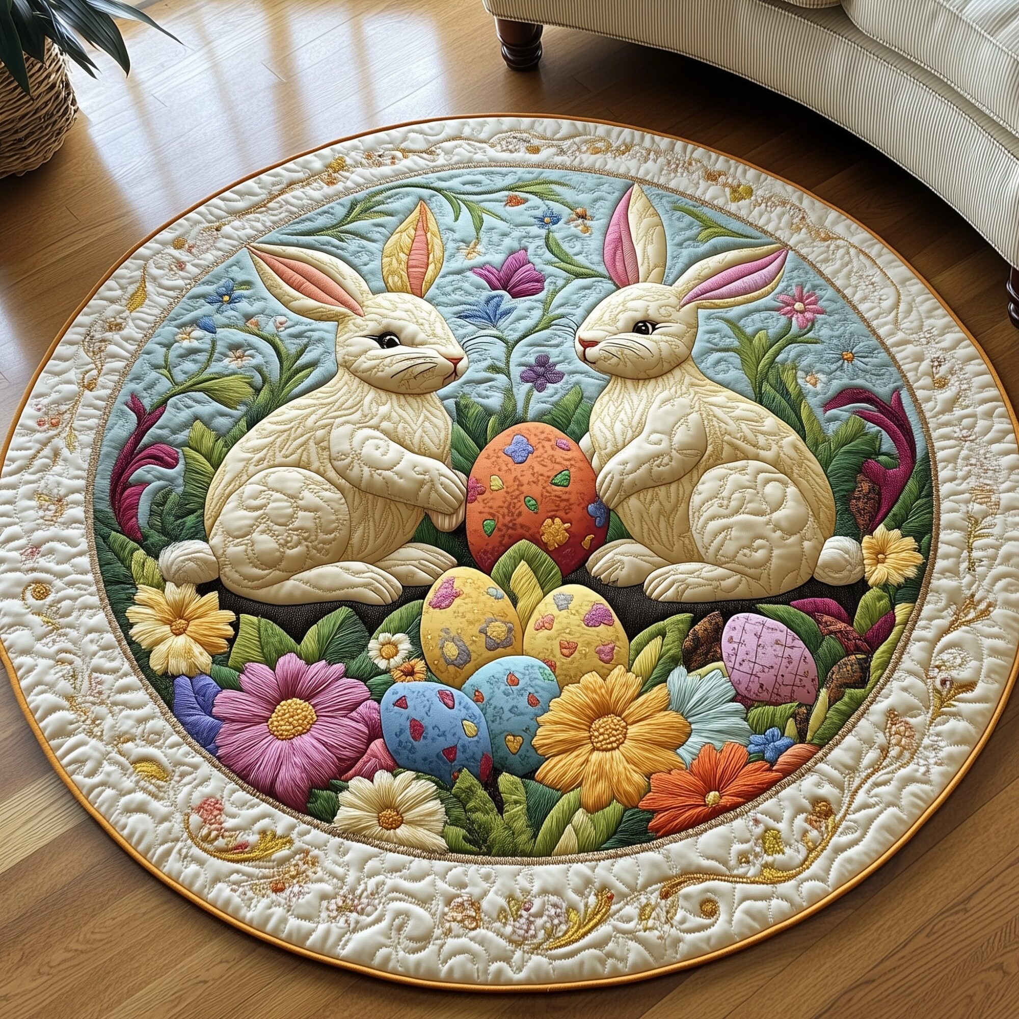 Cherished Bunny Couple Quilted Round Mat Vibrant Quilted Round Mat to Brighten Your Room