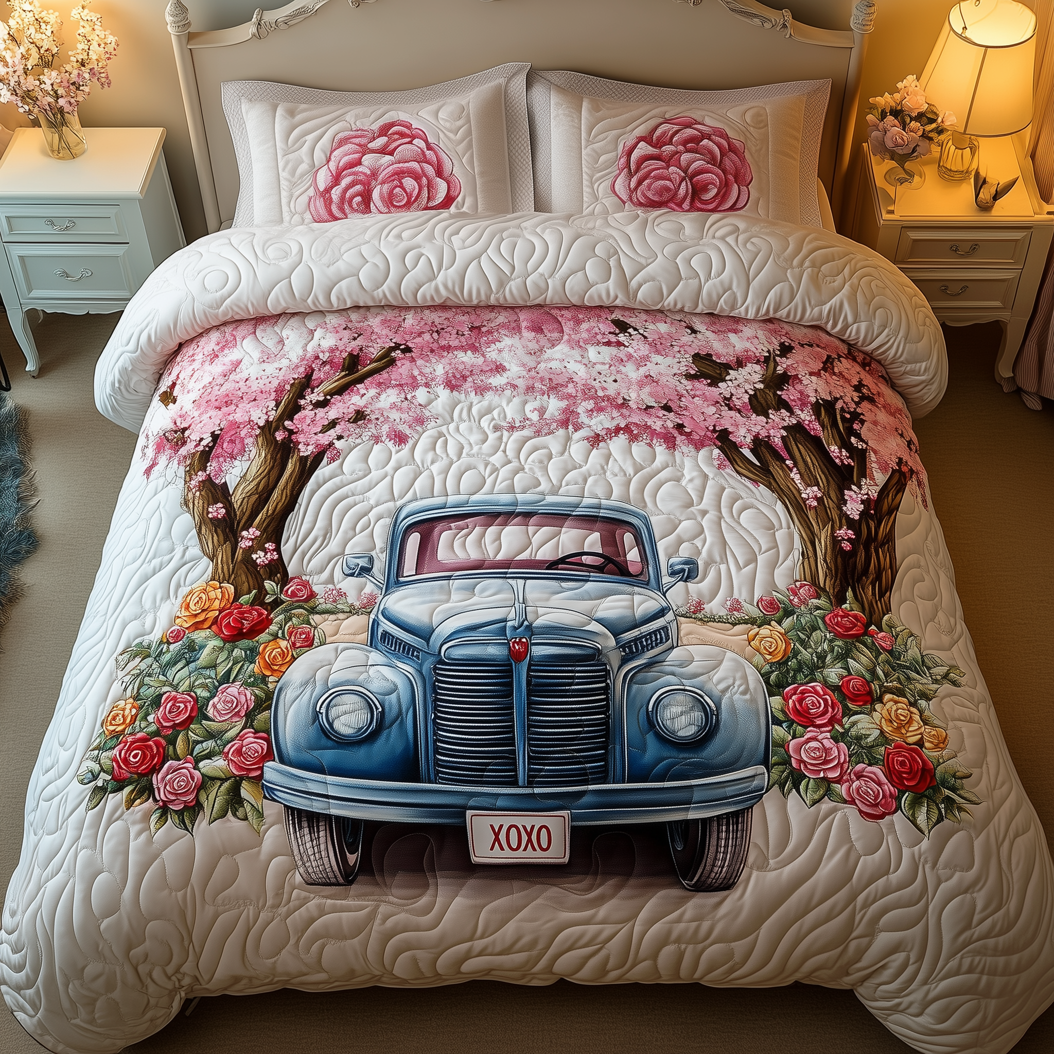 Cherry Blossom Truck Quilted Bedding Set Bedroom Decor Ideas Gifts For Married Couple