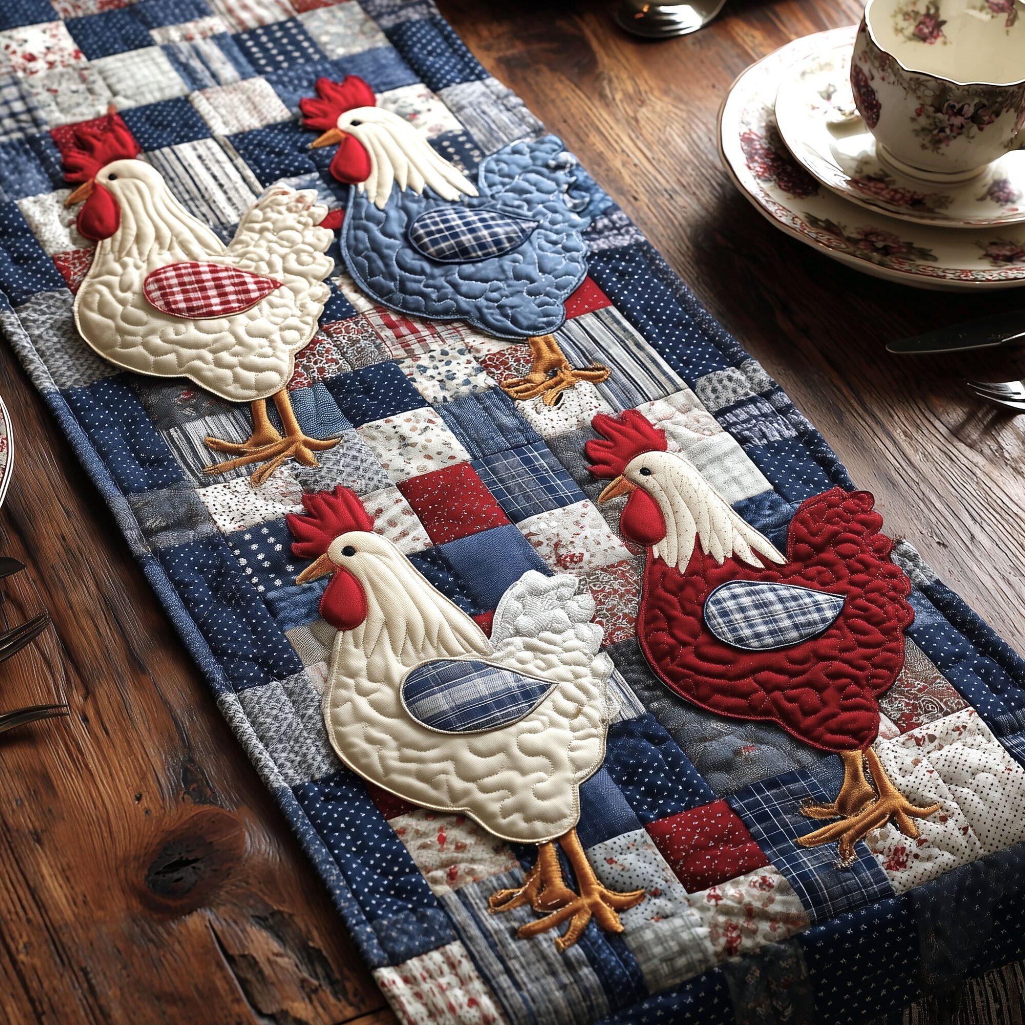 Chicken Troop Quilted Table Runner Country Table Runners Gifts With Chickens On Them