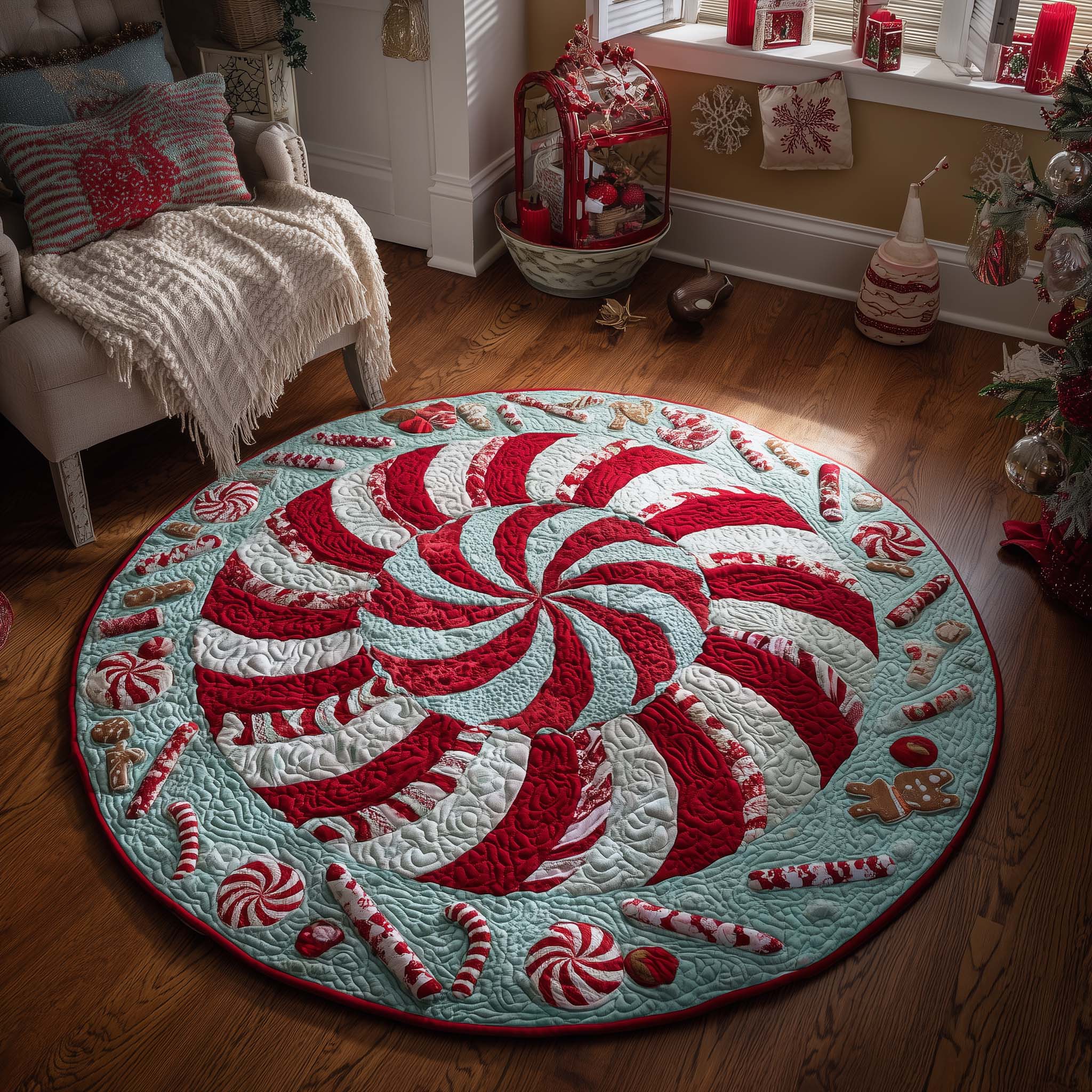 Christmas Candy Swirl Quilted Round Mat Beautiful Quilted Round Mat Gift for Loved Ones