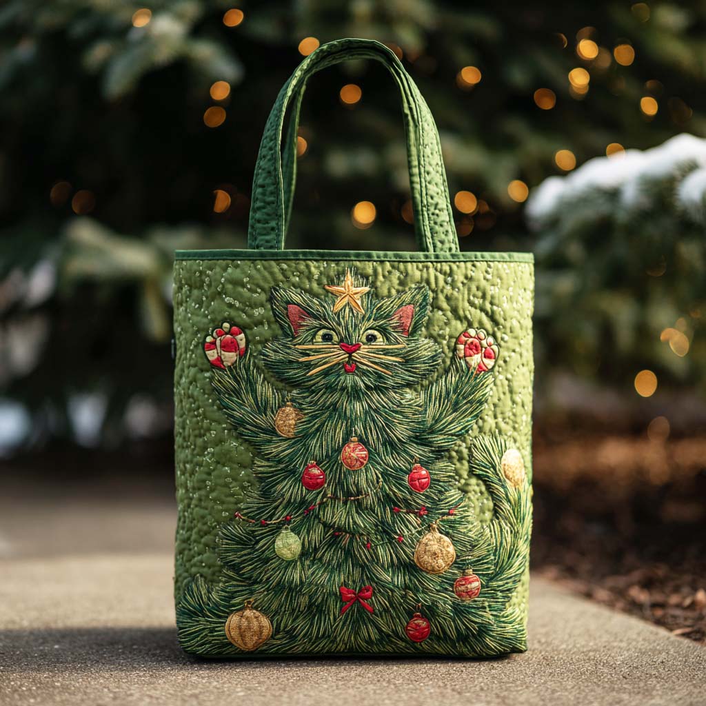 Christmas Cat Quilted Tote Bag Best Shoulder Bags Presents For Cat People