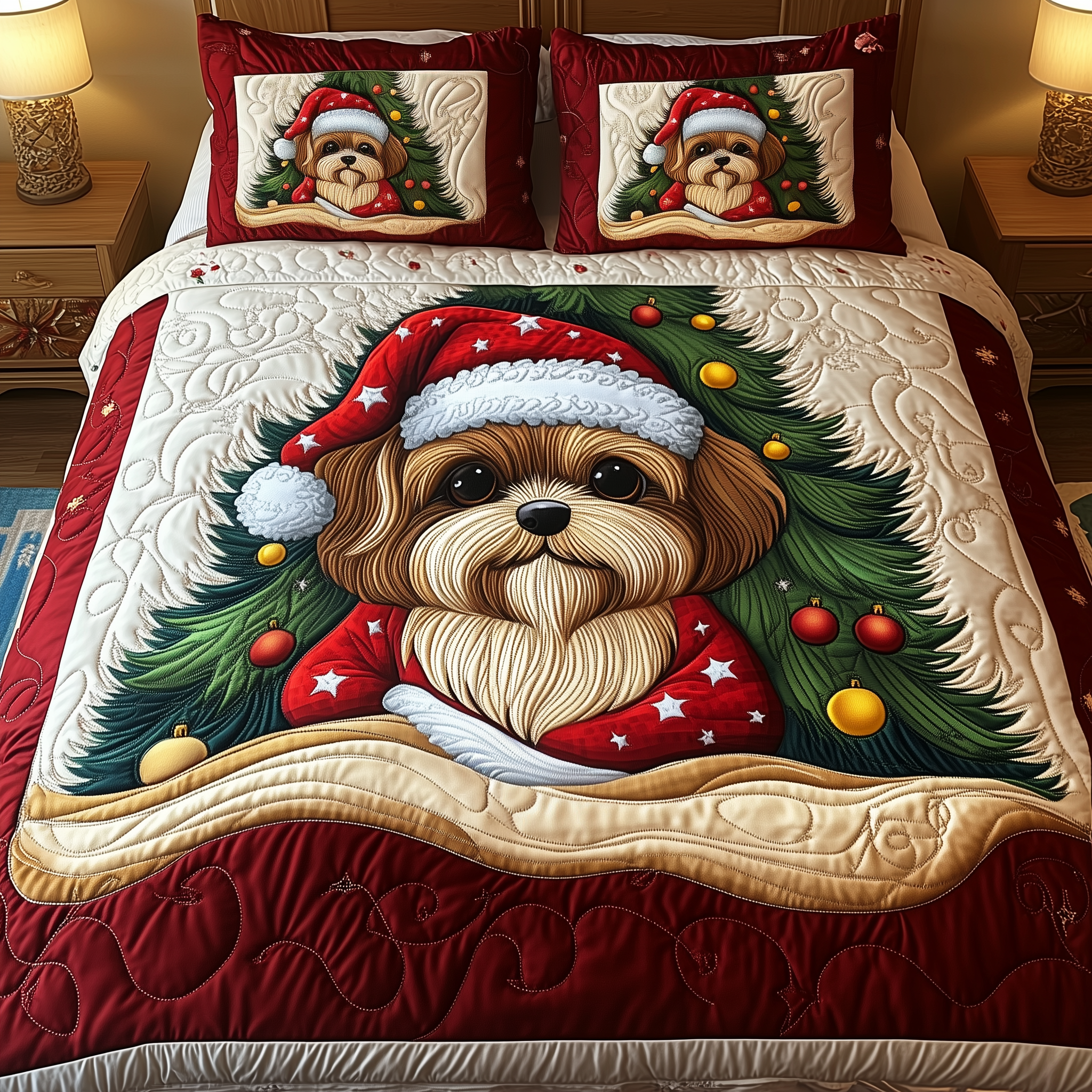 Christmas Shih Tzu Quilted Bedding Set Comforter Sets Queen Shih Tzu Gifts For Dog Lovers
