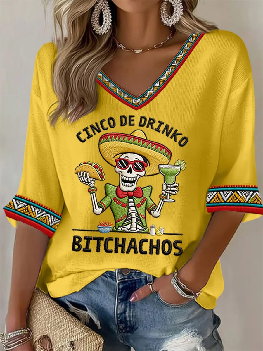 Cinco De Drinko Bitchachos Skeleton V-Neck Shirt Mexican Music Celebration Merch Gift For Her - Image 2