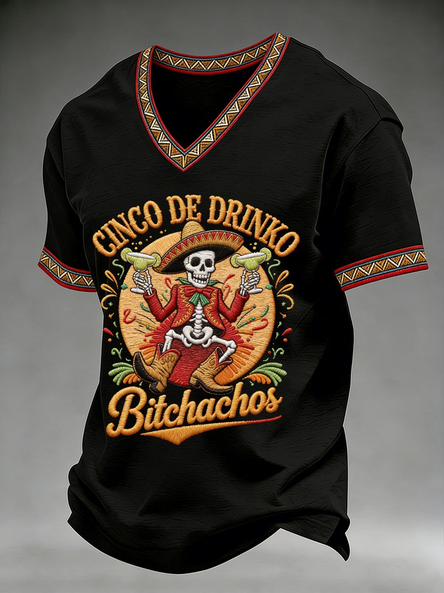 Cinco De Drinko Bitchachos V-Neck Shirt Mens Funny Skeleton Margarita Merch Gift For Him - Image 2