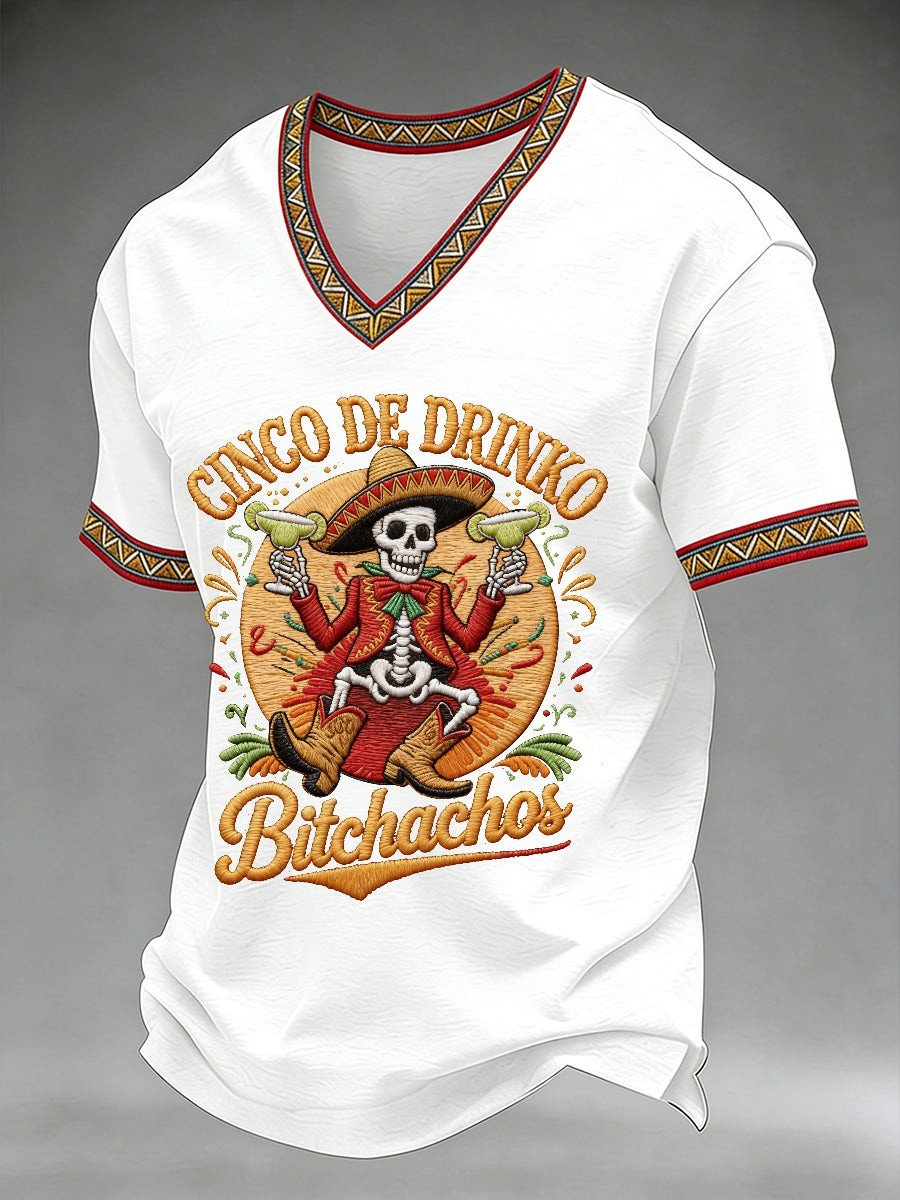 Cinco De Drinko Bitchachos V-Neck Shirt Mens Funny Skeleton Margarita Merch Gift For Him - Image 3
