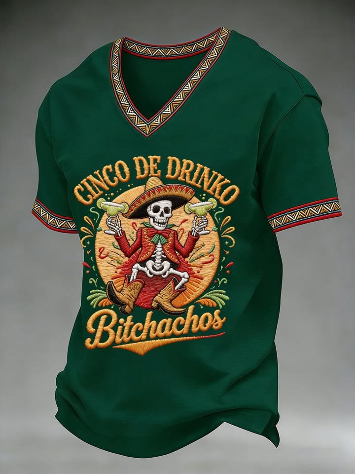 Cinco De Drinko Bitchachos V-Neck Shirt Mens Funny Skeleton Margarita Merch Gift For Him