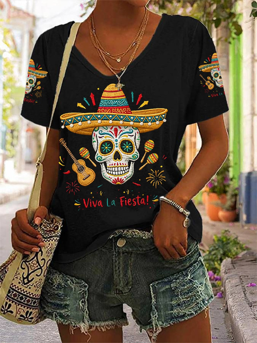 Cinco De Mayo Merch Viva La Fiesta Mexican Sugar Skull V-Neck Shirt Gift For Women - Image 2