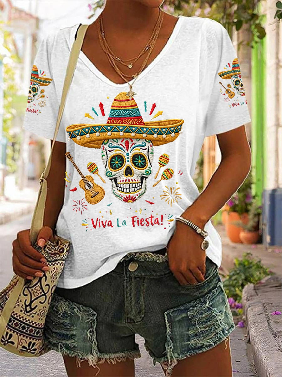 Cinco De Mayo Merch Viva La Fiesta Mexican Sugar Skull V-Neck Shirt Gift For Women