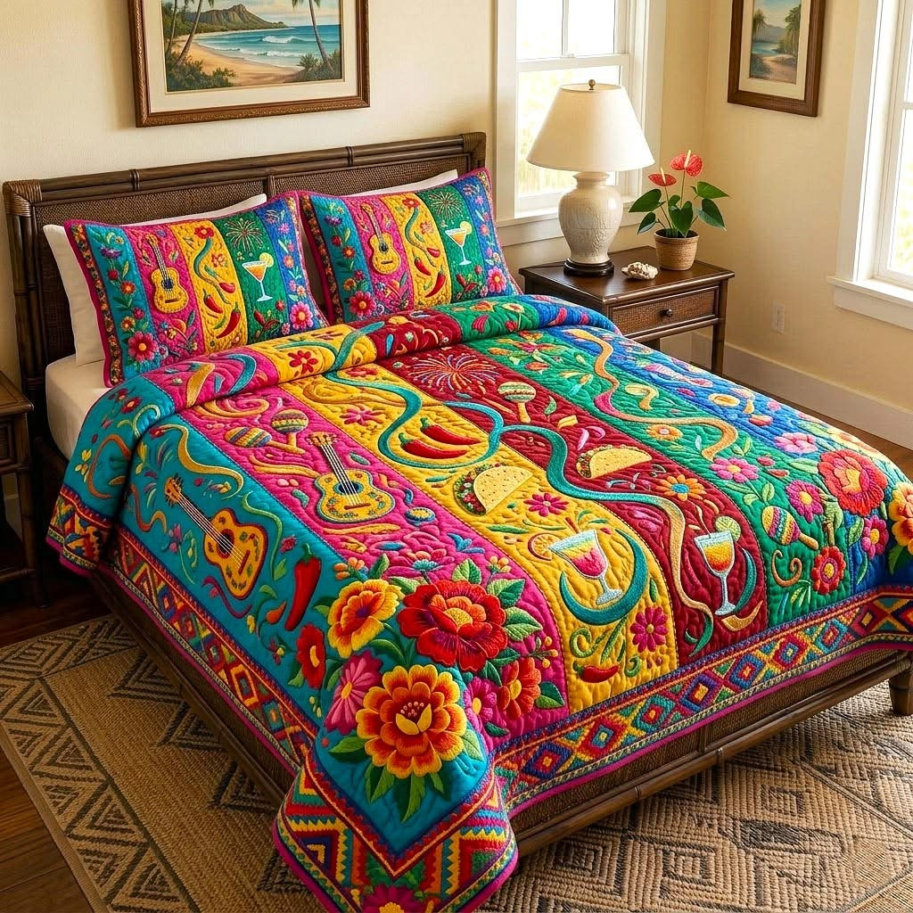Cinco De Mayo Quilted Bedding Set Colorful Mexican Vibrant Folk Art Merch Mexico Fans Gift
