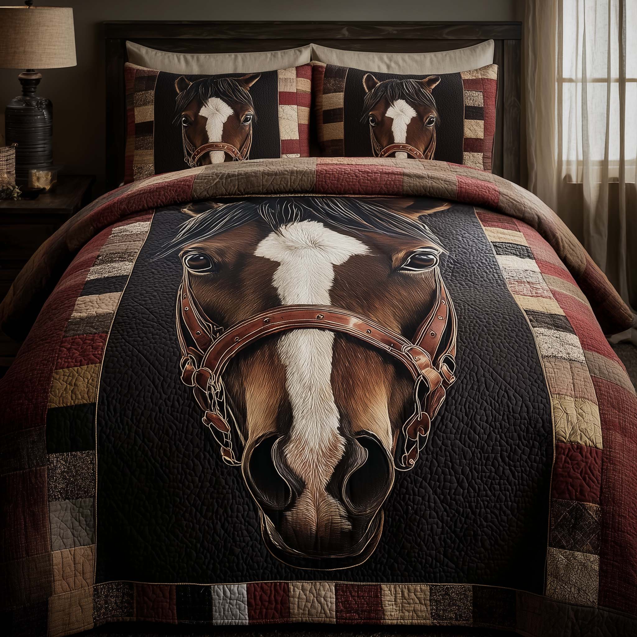 Classic Western Horse Quilted Bedding Set Boho Bedroom Furniture Horse Gifts For Equestrian Riders